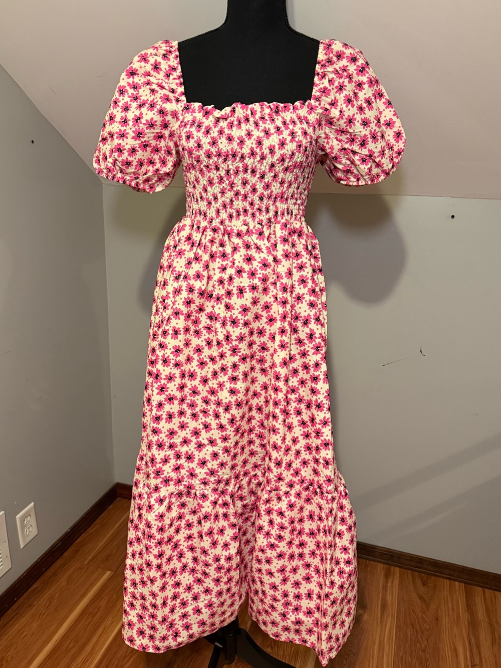 Floral Smocked Maxi Dress with Puff Sleeves - Pink